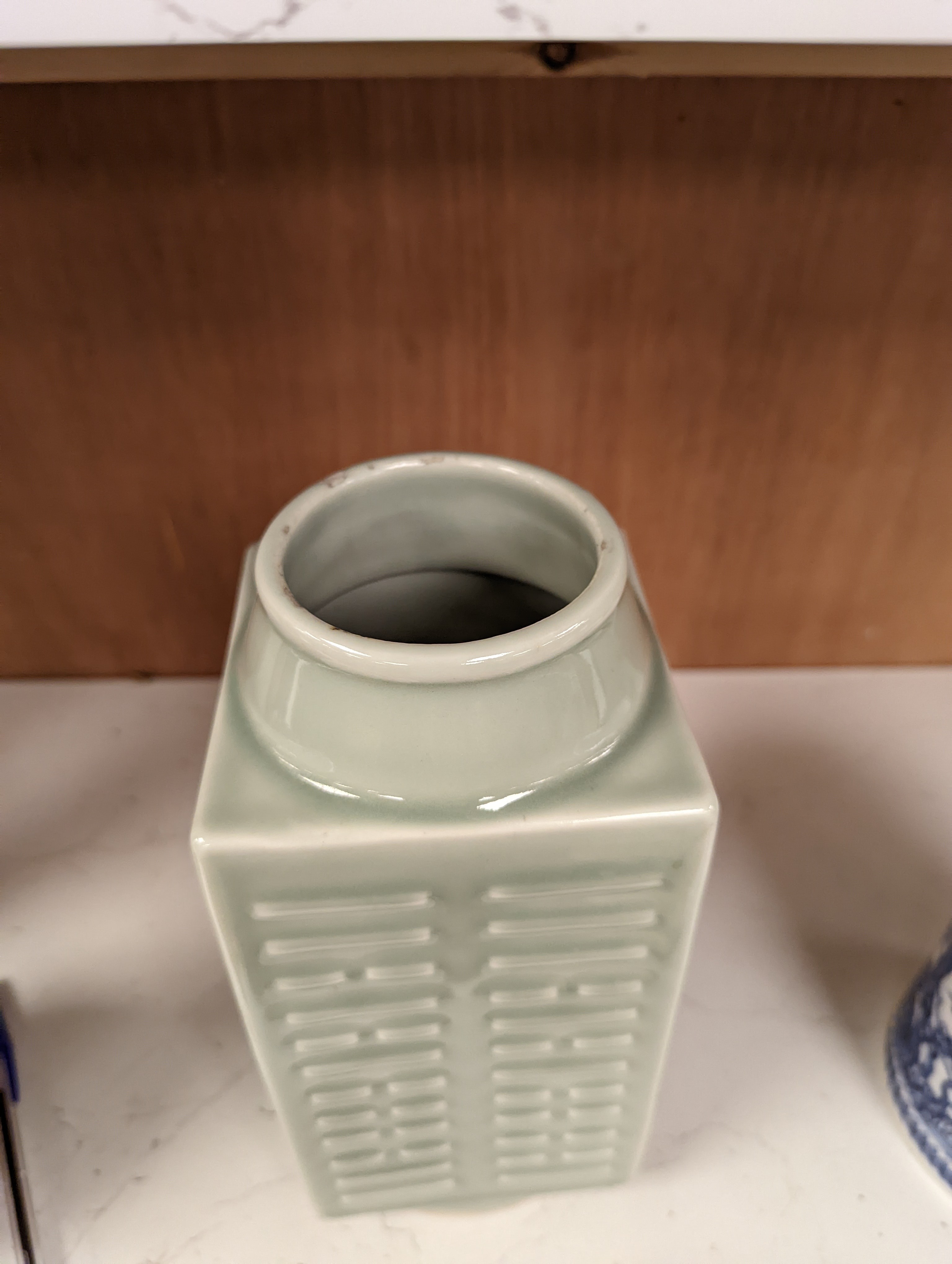 A Chinese celadon glazed eight trigrams cong shaped vase, Guangxu mark and possibly of the period. Provenance - owner bought in auction 20 years ago. 25cm tall